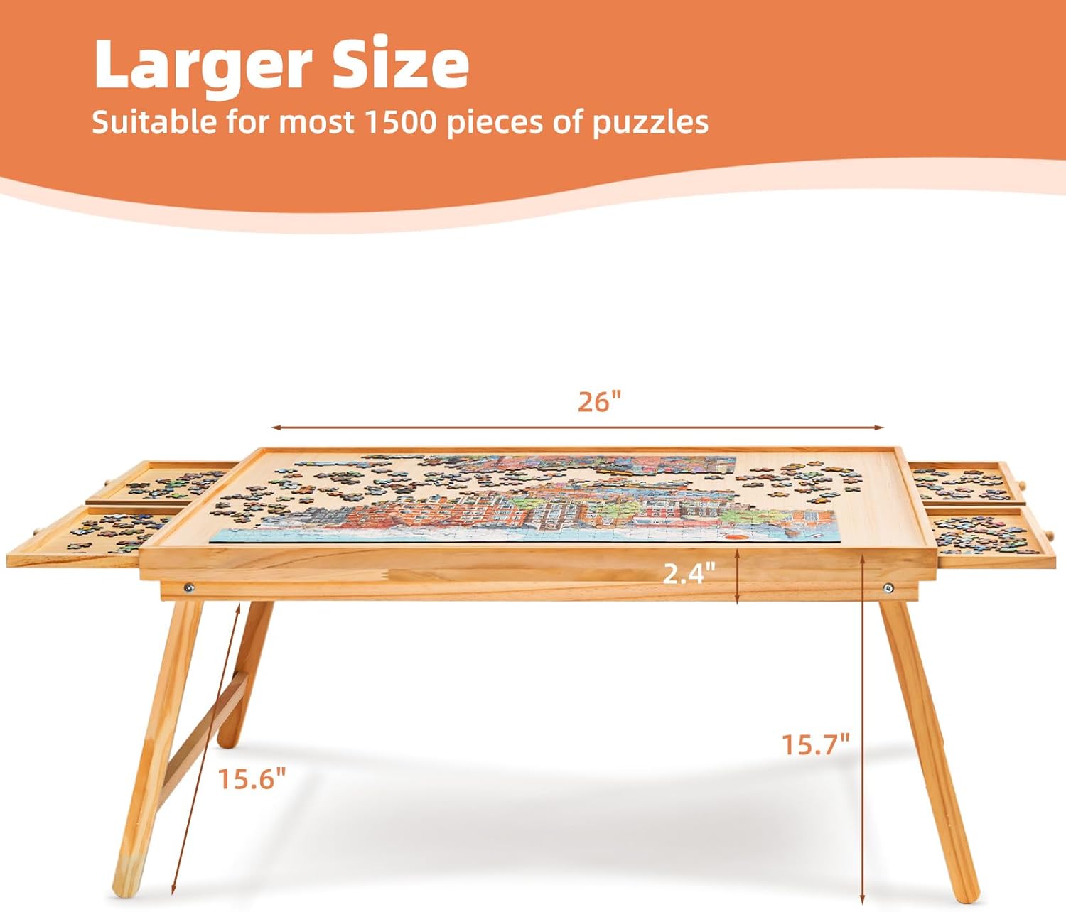 Mesa de rompecabezas portátil plegable de 1500 piezas con 4 cajones, tablero de rompecabezas de madera de 34 x 26 pulgadas con patas y cubierta