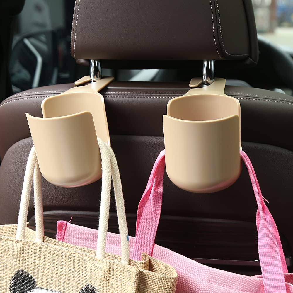 Car Seat Headrest Hook Hanger Storage Organizer Universal with Cup Holder for Handbag fit Universal Vehicle Car (Beige)