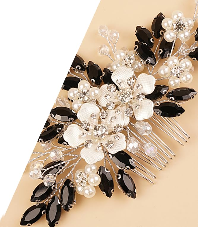 Peine de pelo con diamantes de imitación de cristal negro con flores plateadas, perlas, lágrima y diamantes de imitación, diadema de boda, perlas,