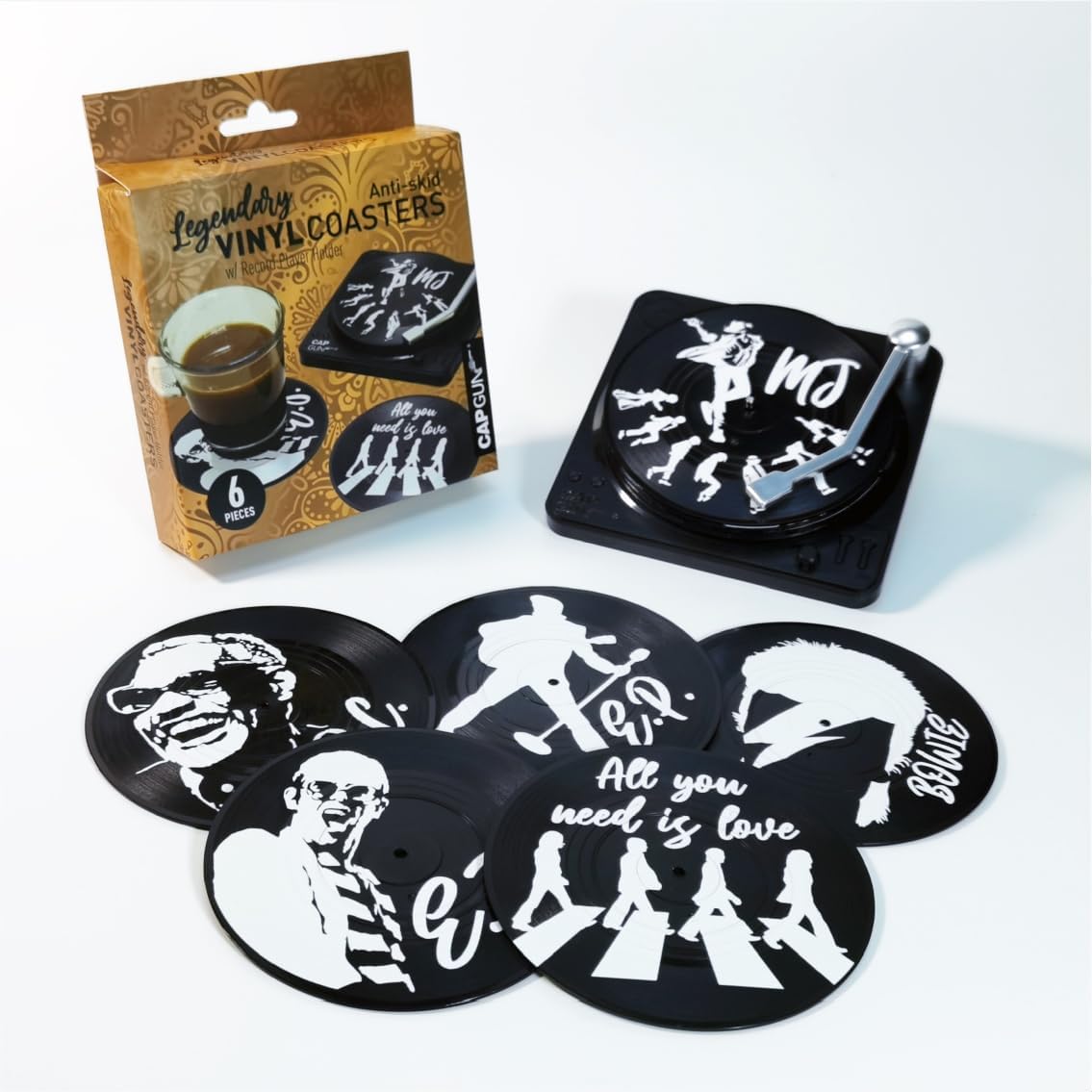 Divertidos posavasos retro para bebidas de café con soporte para reproductor de vinilo, juego de 6 posavasos únicos personalizados para inauguración