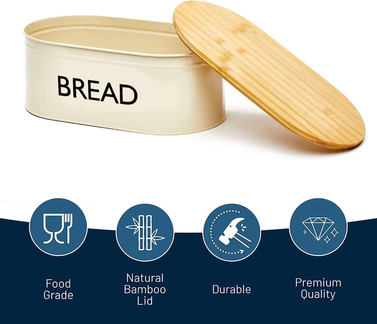 RoyalHouse Panera de metal prémium con tapa de bambú, contenedor grande de acero inoxidable para almacenamiento y organizador para encimera de