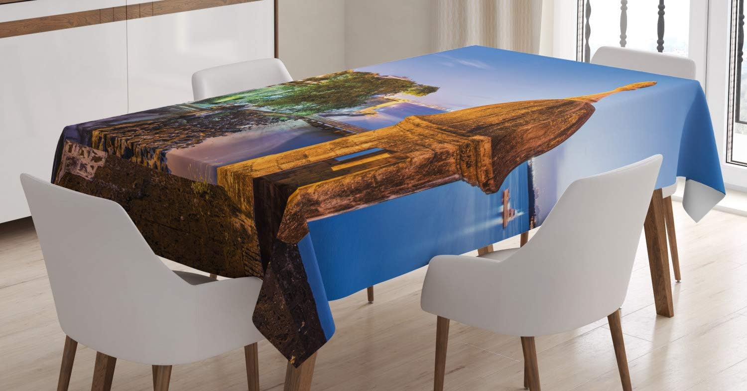 Lunarable Puerto Rico Tablecloth, Coast at Paseo de la Princesa Retro Style Architectural Elements Photography, Dining Room Kitchen Rectangular