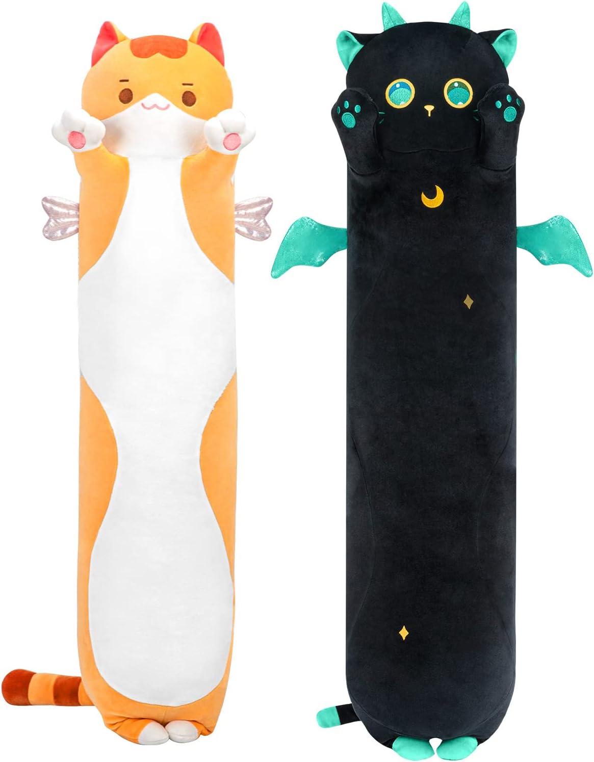 2 piezas de peluche de gato largo, 44 pulgadas, almohada de peluche de gato marrón + almohada de peluche de gatito de ojos grandes negros de 44