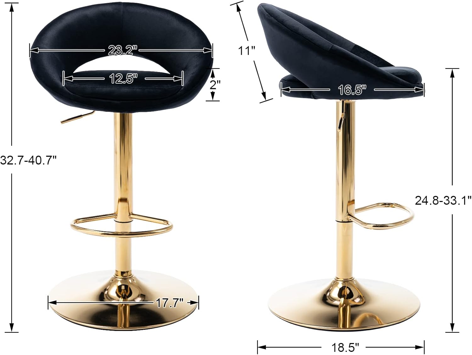 CIMOTA Juego de 2 taburetes de bar ajustables de terciopelo negro, sillas giratorias de altura de mostrador con respaldo abiertobase dorada para