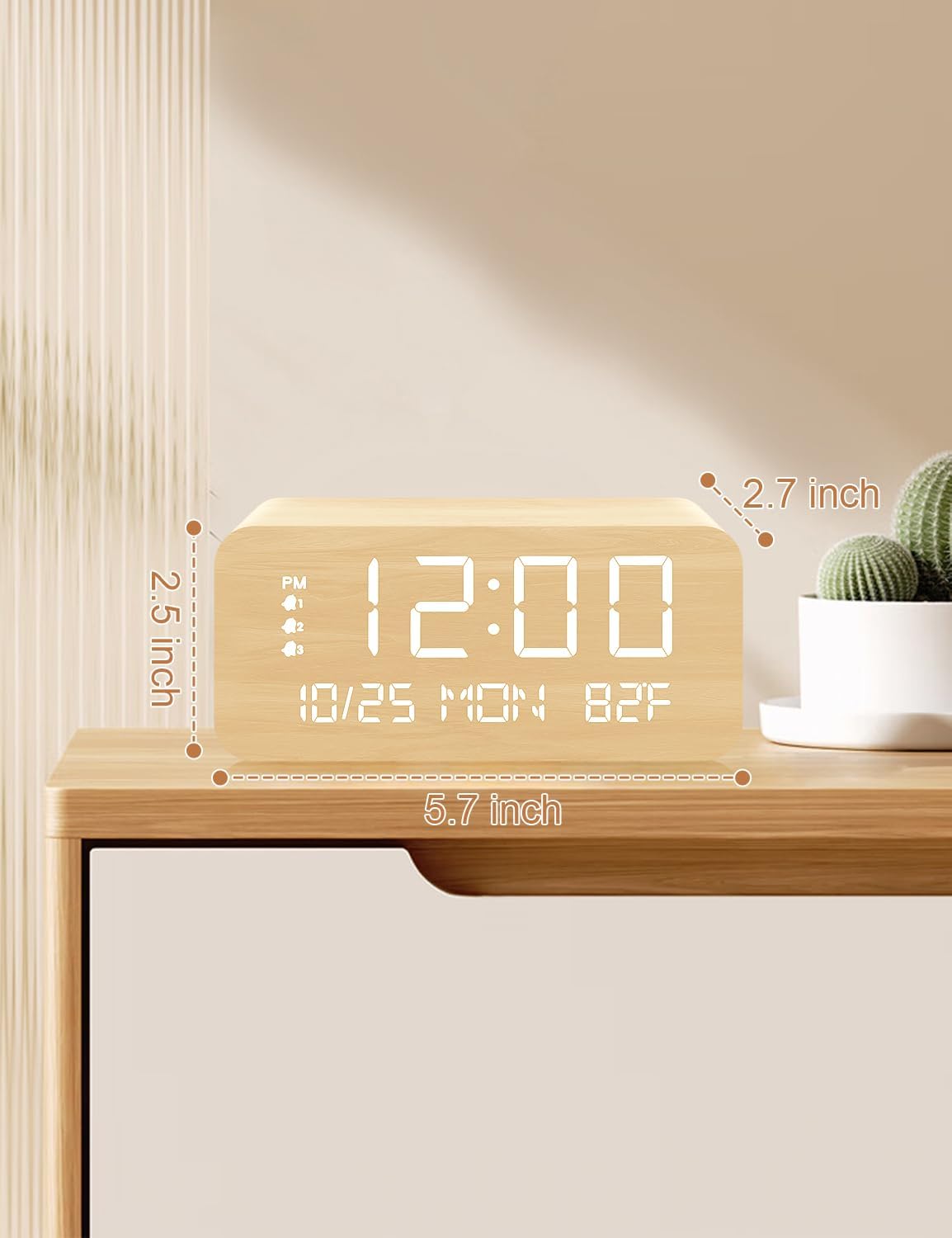 JALL Reloj despertador digital, con pantalla LED electrónica de madera, 3 ajustes de alarma, carga inalámbrica de 10 W, día de la semana, detección