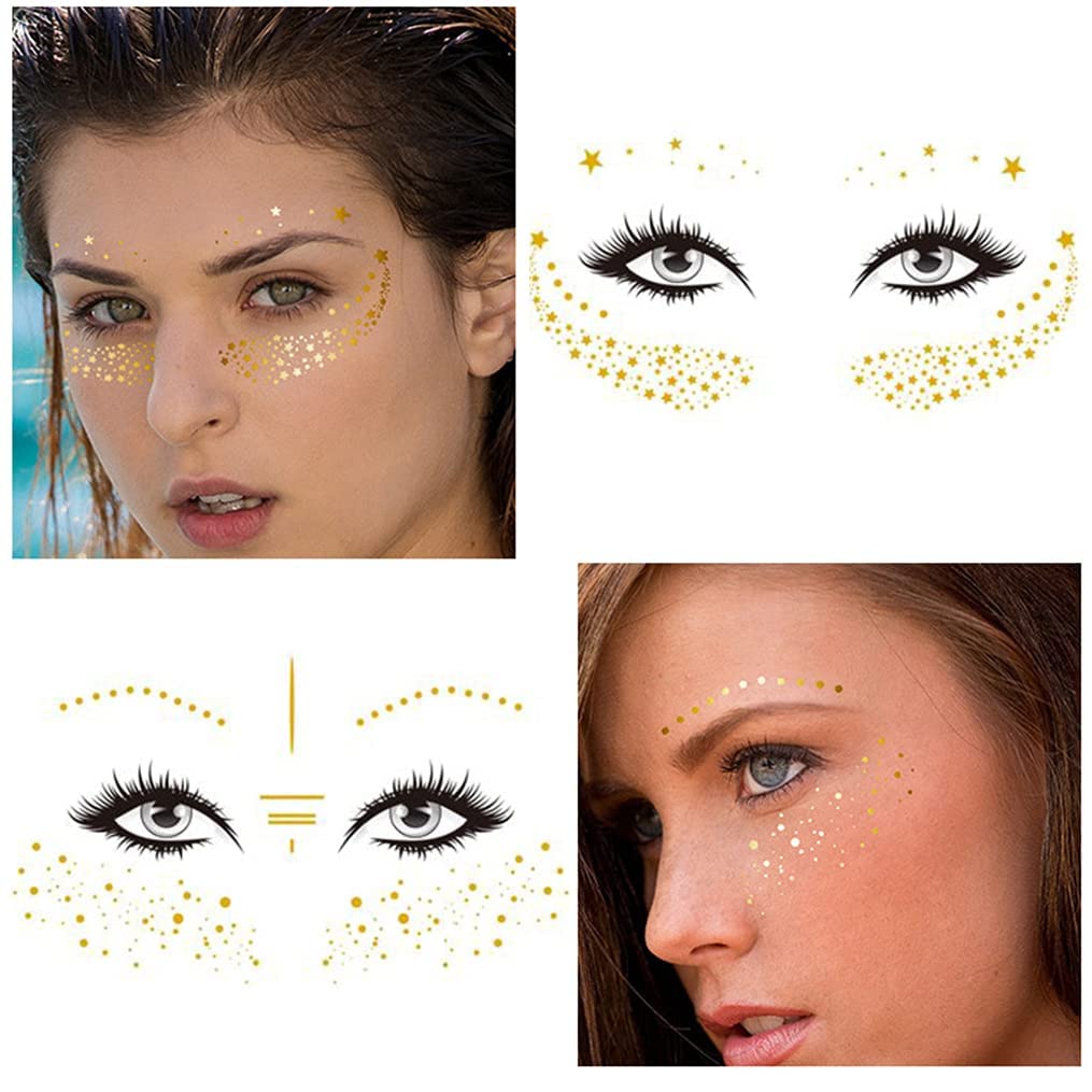10 hojas de calcomanías para tatuajes faciales, tatuajes dorados con purpurina, pecas metálicas de transferencia temporal para mujeres y niñas,