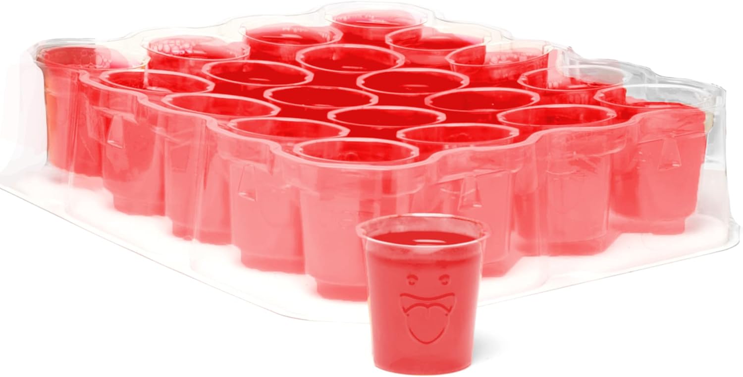 JEVO Paquete de fiesta de chupitos incluye 1 bandeja reutilizable de 20 chupitos, 1 taza medidora, 40 vasos de chupito y gelatina para 40 tomas,