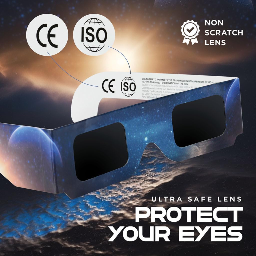 Medical king Gafas de eclipse solar aprobadas 2024, (paquete de 10) persianas seguras con certificación CE e ISO para visión directa del sol incluye