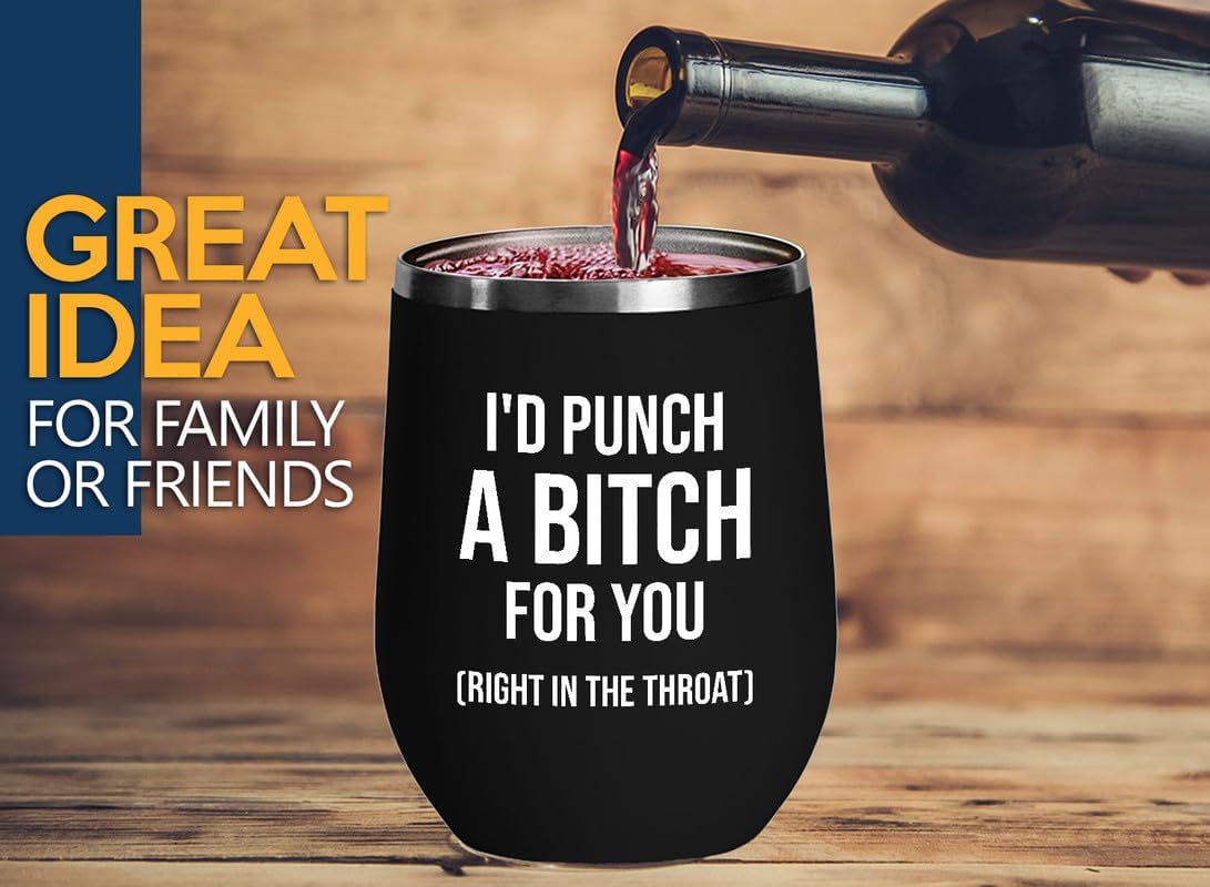 Vaso de vino I’d Punch a B for You, edición negra, amistad, sarcasmo de bestia, mejor amiga, cuñada, hermana hermana, tribu de las hermanas