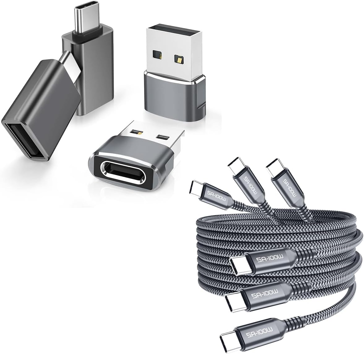 Elebase Paquete de 3 cables USB C a tipo C de 100 W de 3.36.610 pies y 4 adaptadores USB a USB C y cargador tipo C macho a 3.0 hembra para MacBook