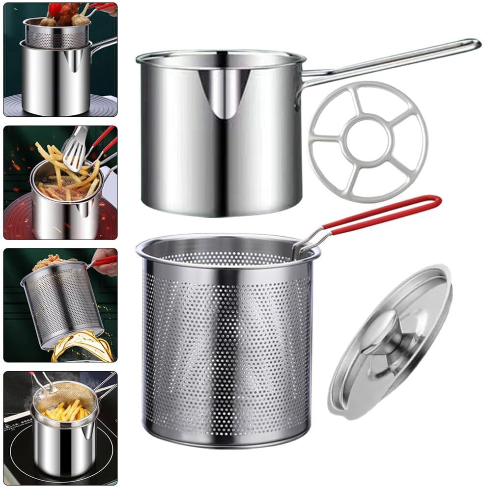 UPKOCH Olla para freír profundamente, 1 juego pequeño con cesta, mini freidora de aceite profunda de acero inoxidable, cocina de pollo de cocina,