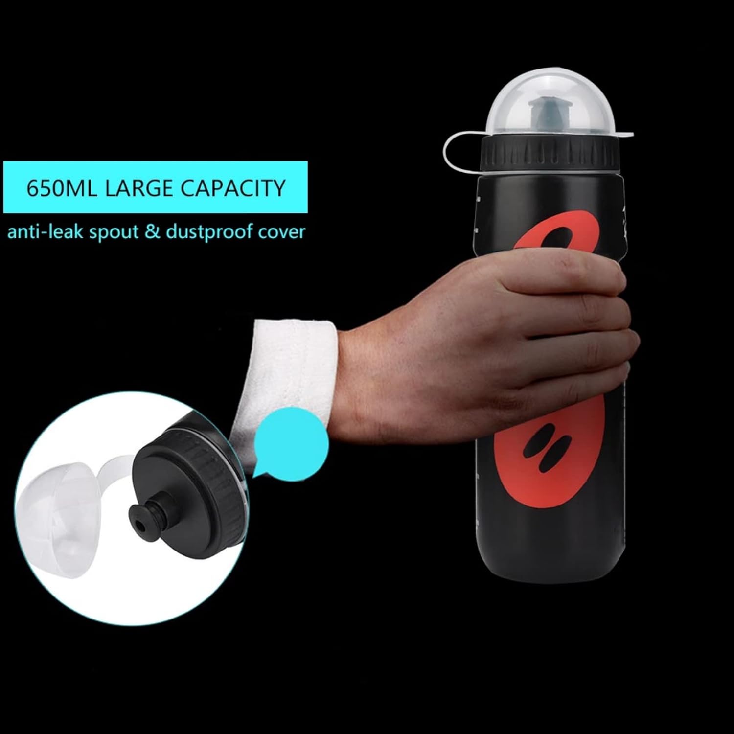 Botella de agua para bicicleta, botella de agua deportiva de 22.0 fl oz con soporte de jaula para bicicleta de montaña (negro)