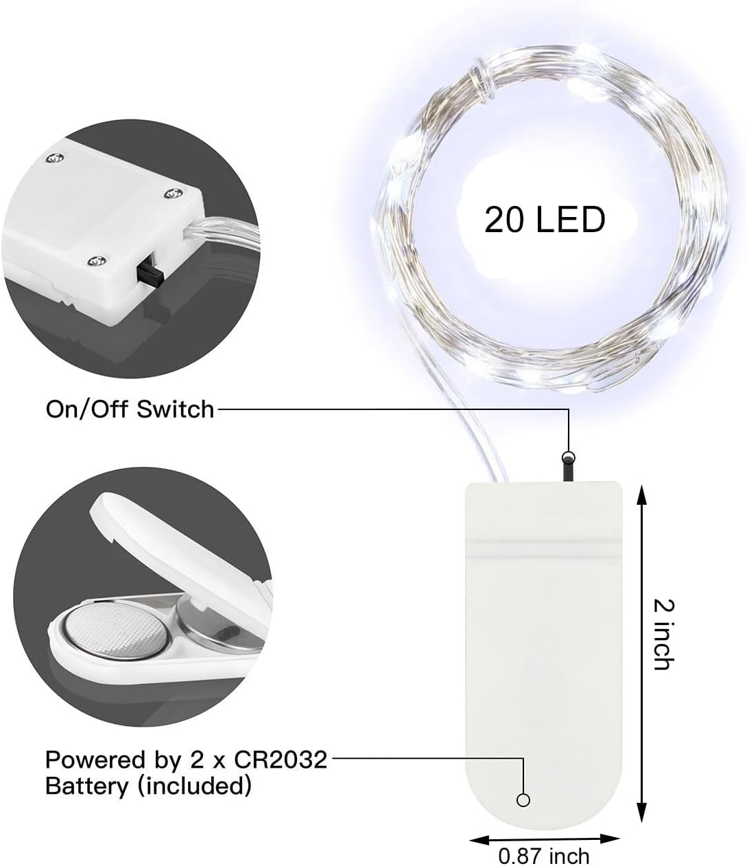 Paquete de 12 guirnaldas de luces LED que funcionan con pilas, 20 luces LED de 7.2 pies, alambre plateado blanco frío, bodas, centros de mesa,