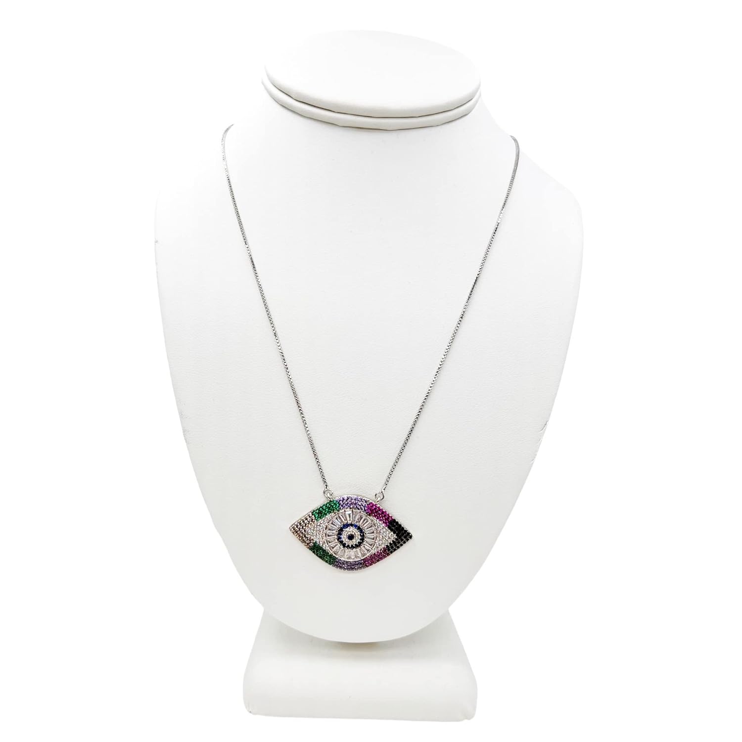SIFRIMANIA Lucky Charm Necklace Evil Eye Pendant Adjustable Length and Vibrant Cubic Zirconia Stones for Good Luck (Silver)