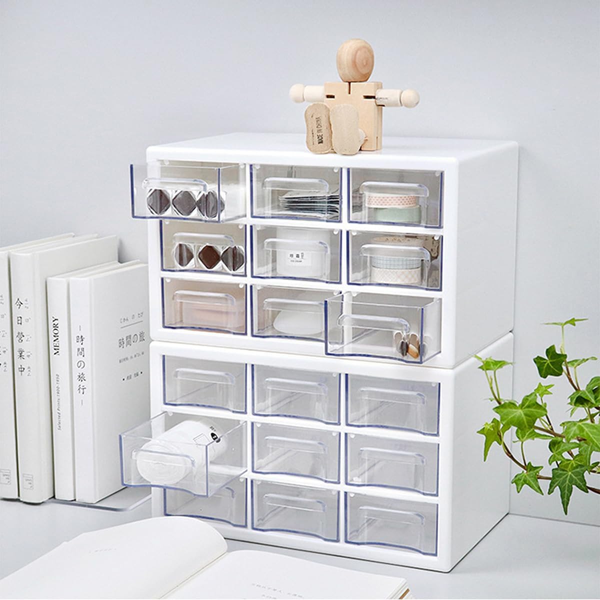 Buwico Organizador de escritorio con mini cajones, almacenamiento de plástico de tres cajones con 9 cajones, organizador de escritorio pequeño para