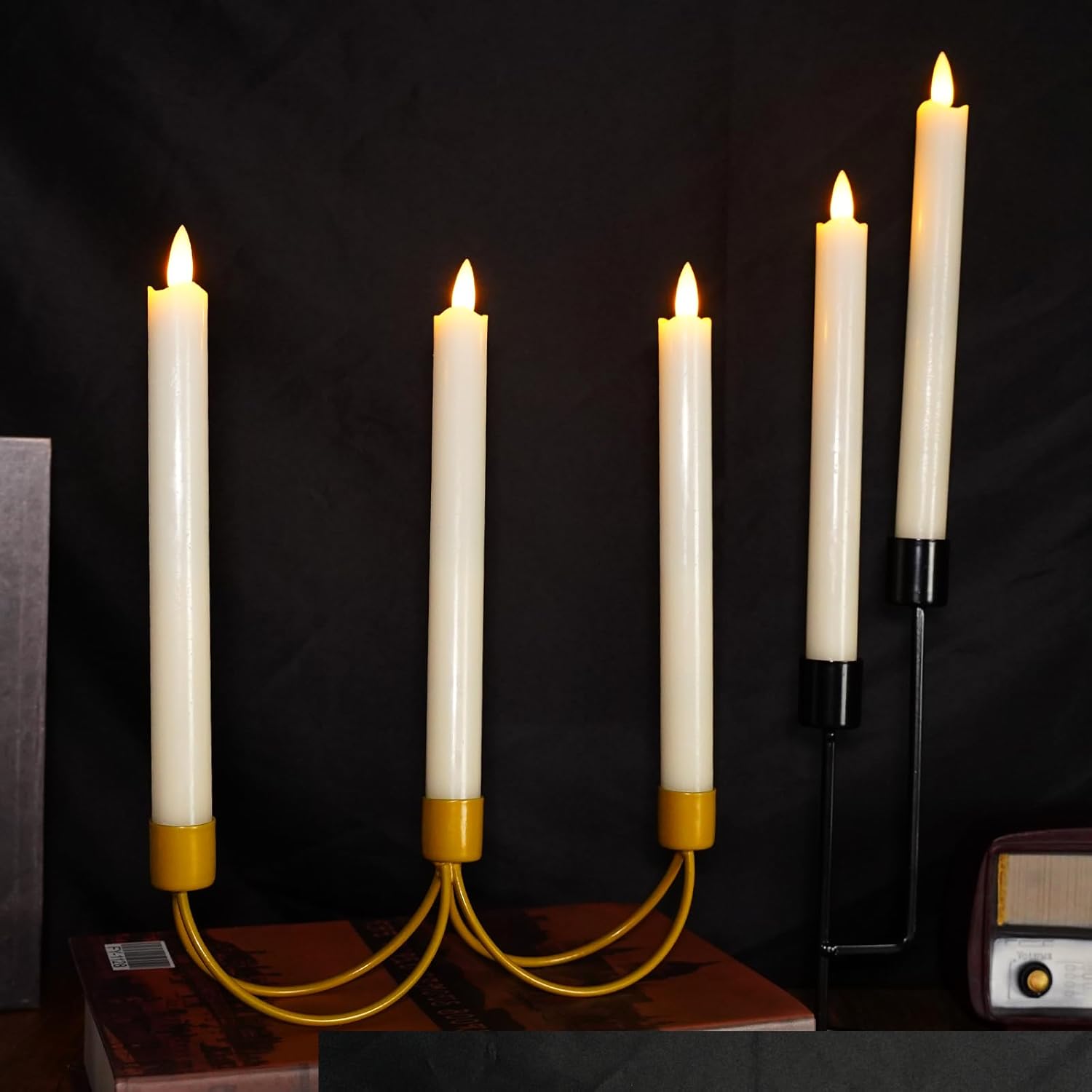Velas cónicas sin llama de cera real marfil con temporizador remoto, 6 velas LED cónicas que funcionan con pilas, velas LED de 9.6 pulgadas con 6