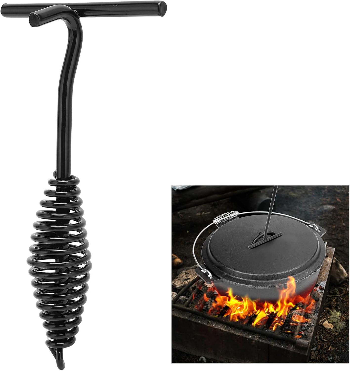 Topyond Levantador de tapa de horno holandés de hierro fundido de 7.7 in con mango en espiral para acampar al aire libre y senderismo, color negro