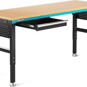 DURATECH Banco de trabajo ajustable de 72 pulgadas, mesa de trabajo de madera de goma resistente con cajón, estación de trabajo de 6 pies con DURATECH Banco de trabajo ajustable de 72 pulgadas, mesa de trabajo de madera de goma resistente con cajón, estación de trabajo de 6 pies con