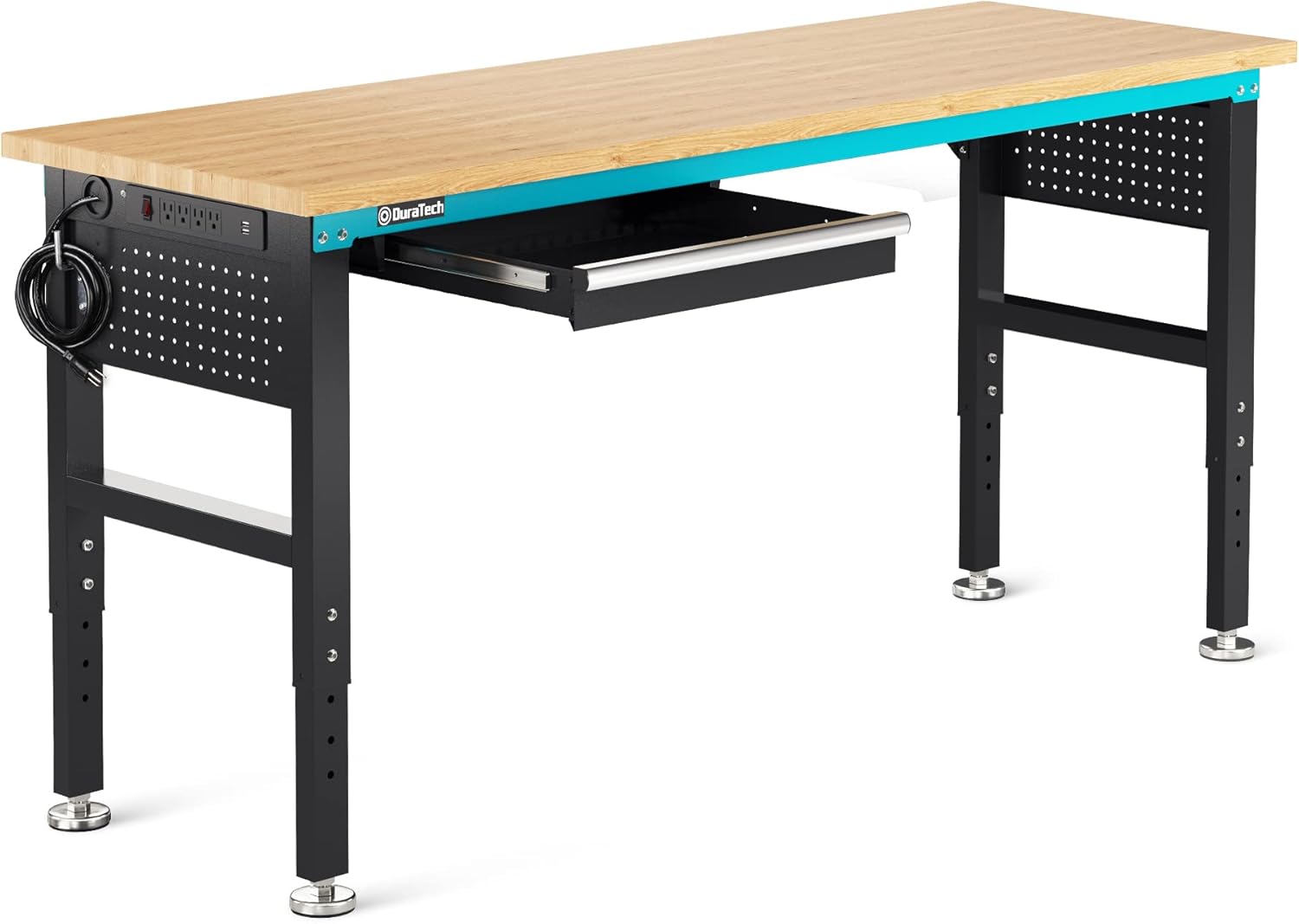 DURATECH Banco de trabajo ajustable de 72 pulgadas, mesa de trabajo de madera de goma resistente con cajón, estación de trabajo de 6 pies con