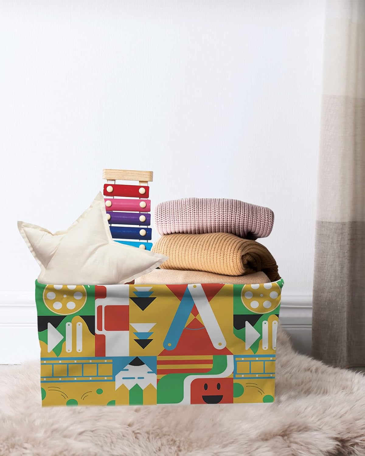 Colorful Geometric Storage Basket for Organizing Shelves, Collapsible Storage Bins Boxes with Handle, Modern Irregular Abstract Art Aesthetics