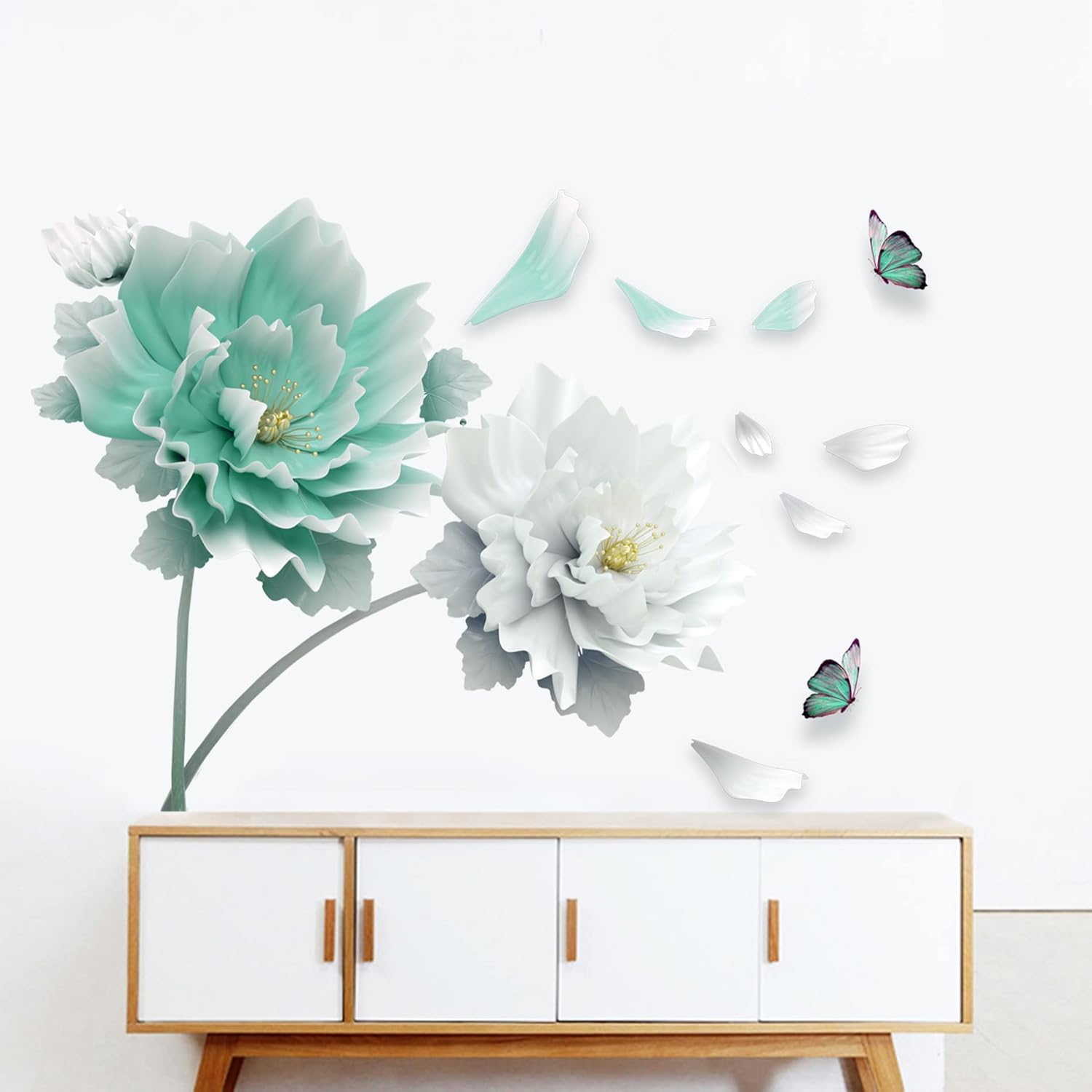 RoyoLam Calcomanías de pared grandes de flores cian, pétalos, mariposas, calcomanías de pared florales para sala de estar, removibles, despegar y