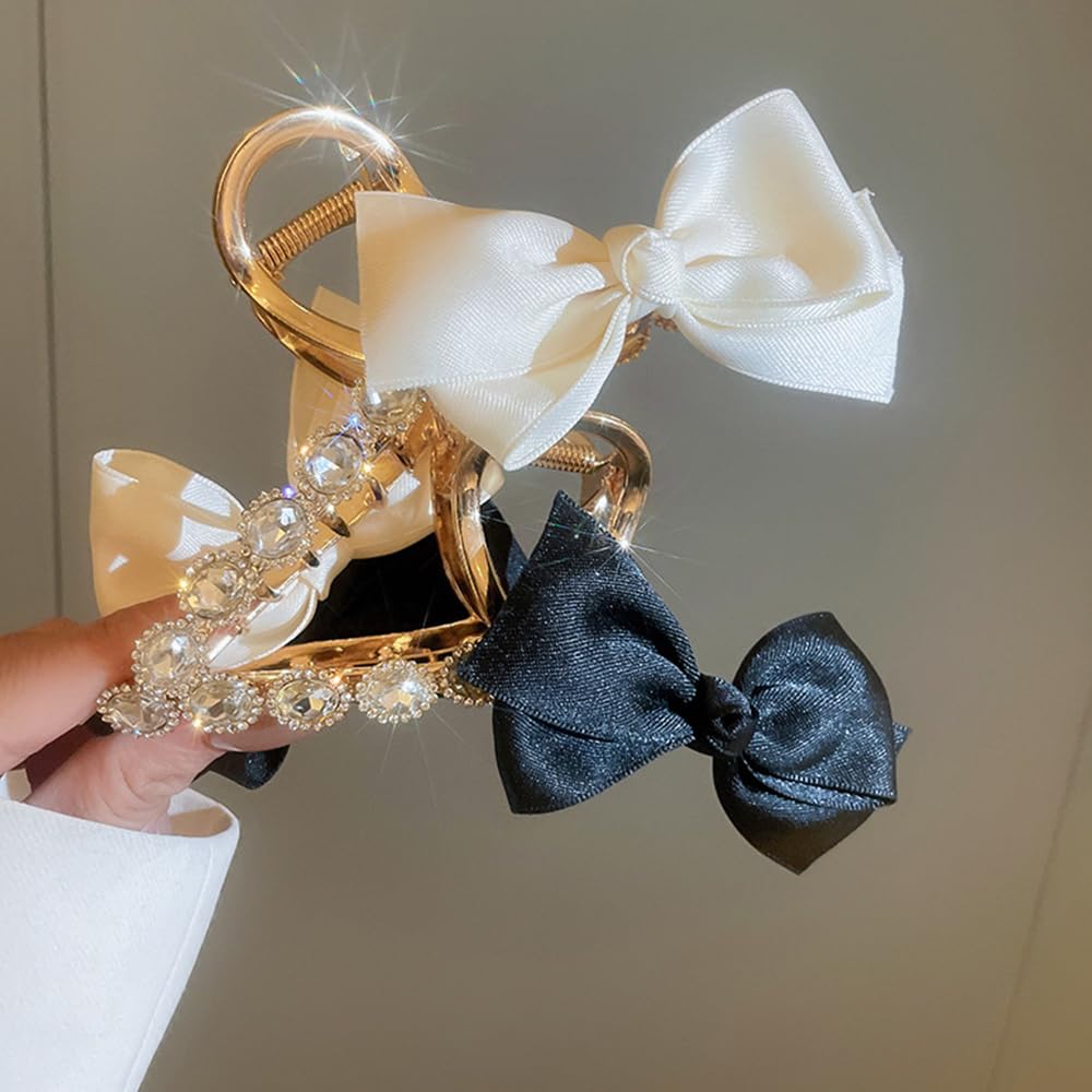 Wiwpar Pinzas de garra de lazo negro con diamantes de imitación de cristal para cola de caballo gruesa, pasador de pelo de sujeción fuerte, pinzas