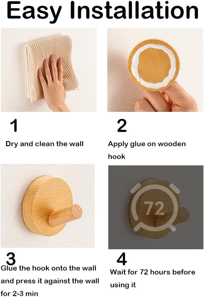 Gancho de pared de madera, gancho adhesivo sin taladro, gancho de madera natural para sombrero de entrada, dormitorio, ganchos decorativos para