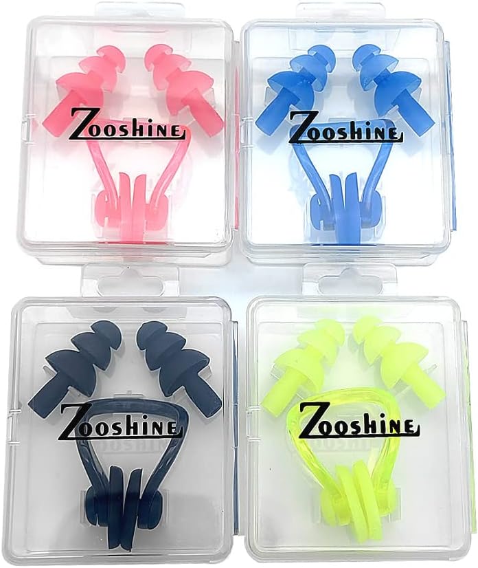 Zooshine Tapones impermeables para los oídos, clips para la nariz de natación que protegen tus orejas y nariz en el agua, 4 colores con caja