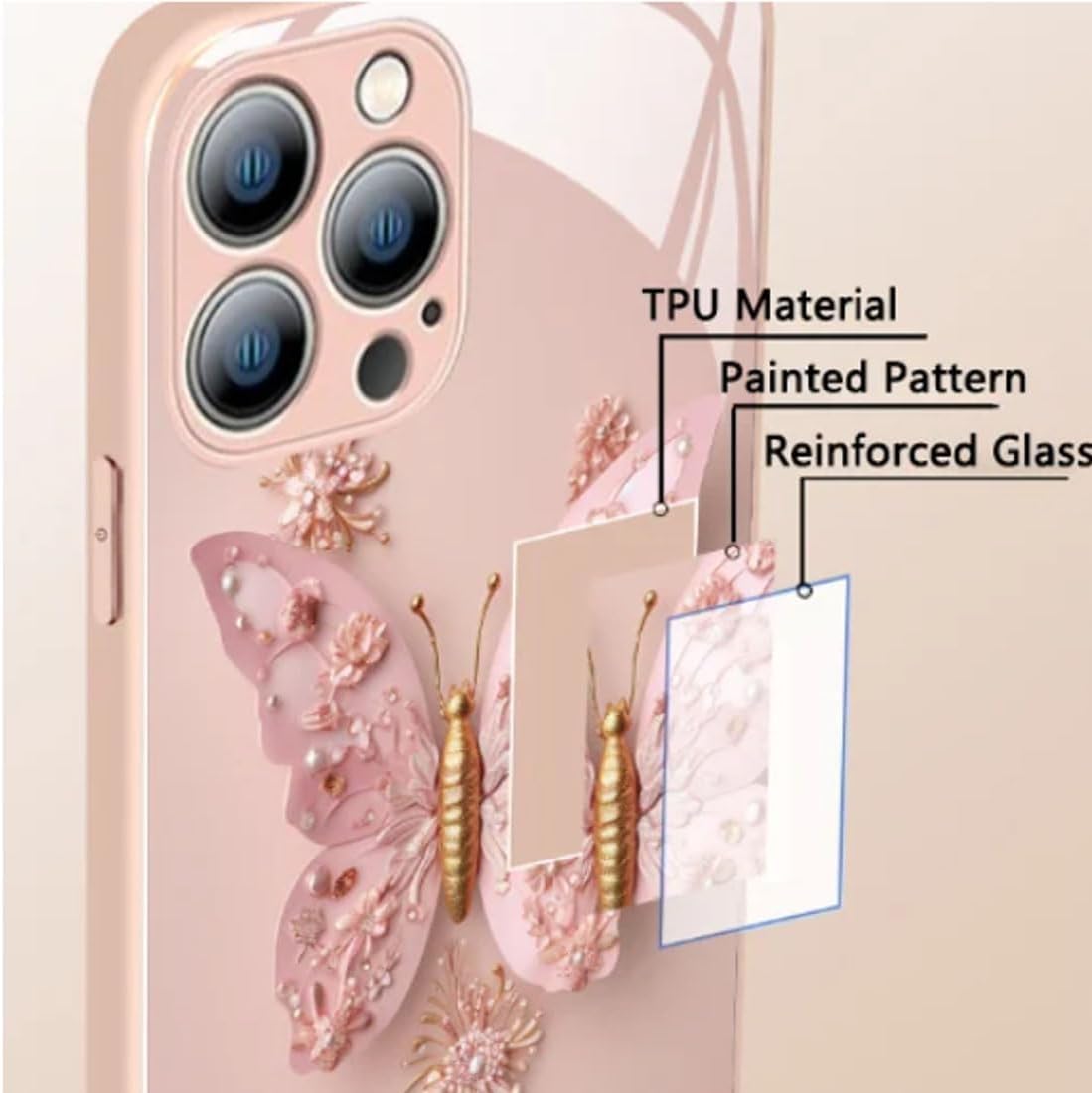 Funda de vidrio con patrón de mariposa 3D plana compatible con iPhone, funda para teléfono con cubierta de vidrio con patrón de mariposa (para