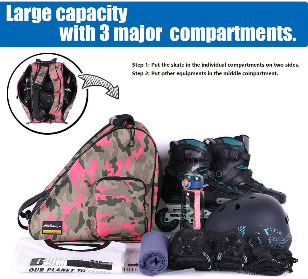 Holisogn Bolsa de hielo, en línea y patines de ruedas, bolsos premium y de moda para niños, niños, adolescentes, adultos (camuflaje rosa rojo HLS003)