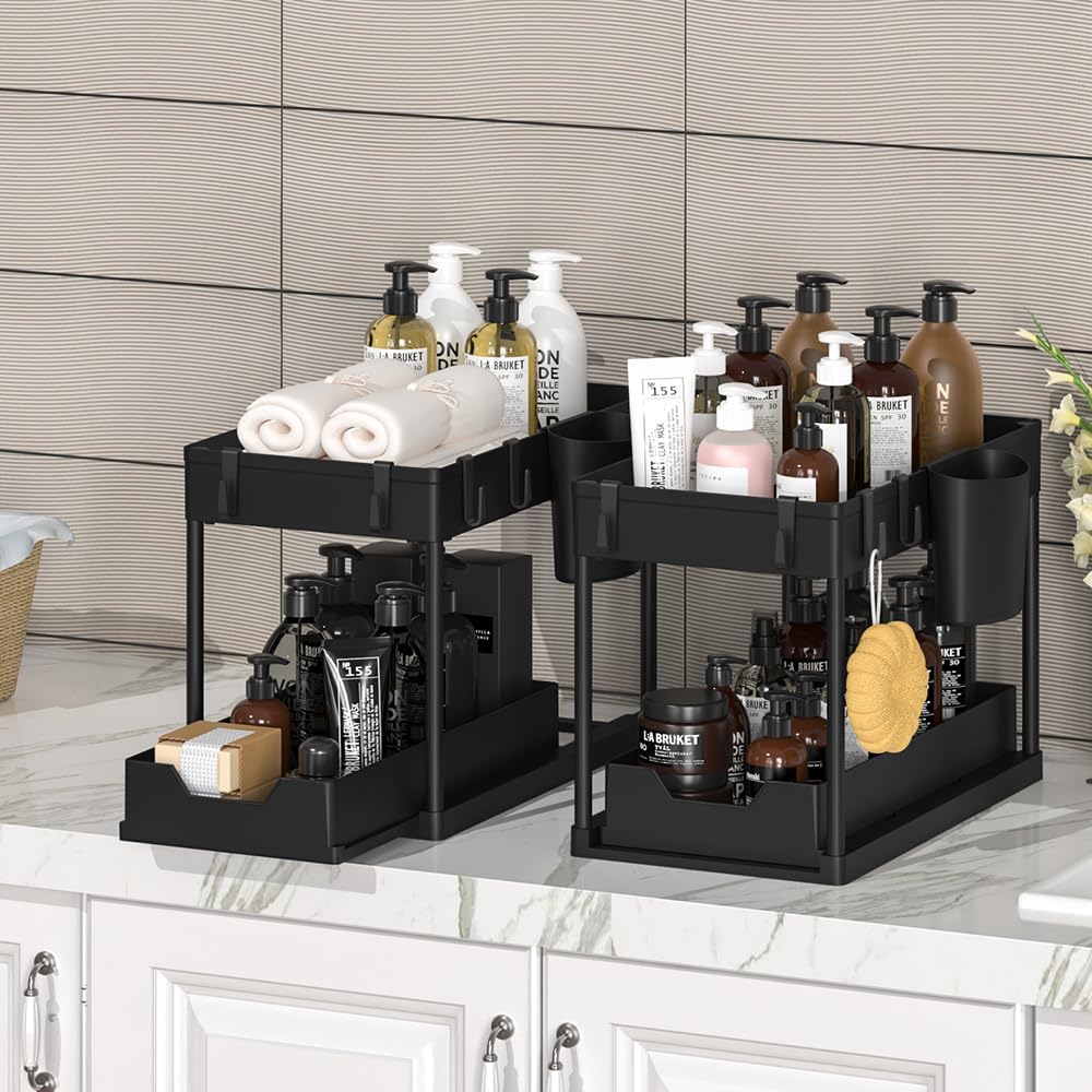 Organizador para debajo del fregadero, organizador de armario de baño de 2 niveles con cesta deslizante debajo del fregadero, ganchos, taza