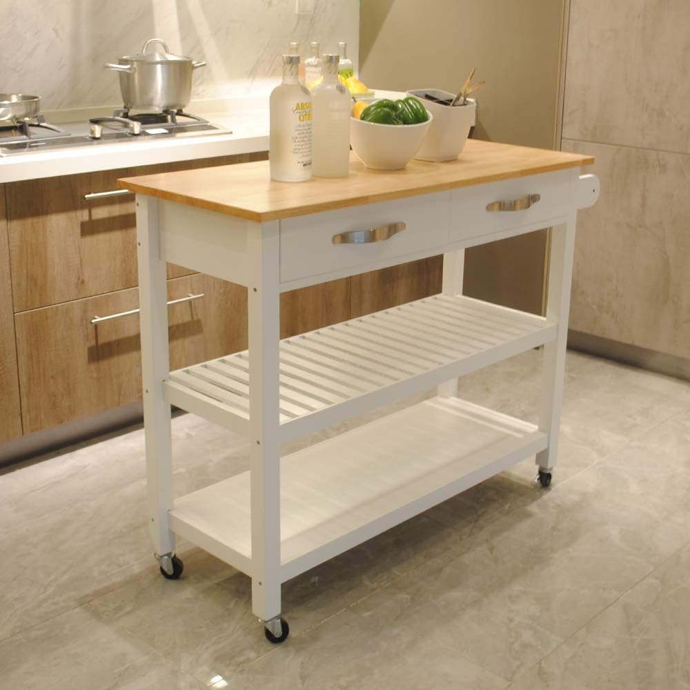 Isla de cocina rodante y carrito de cocina con 2 cajones, 2 estantes de almacenamiento, toallero y dos ruedas giratorias con bloqueo, mesa de