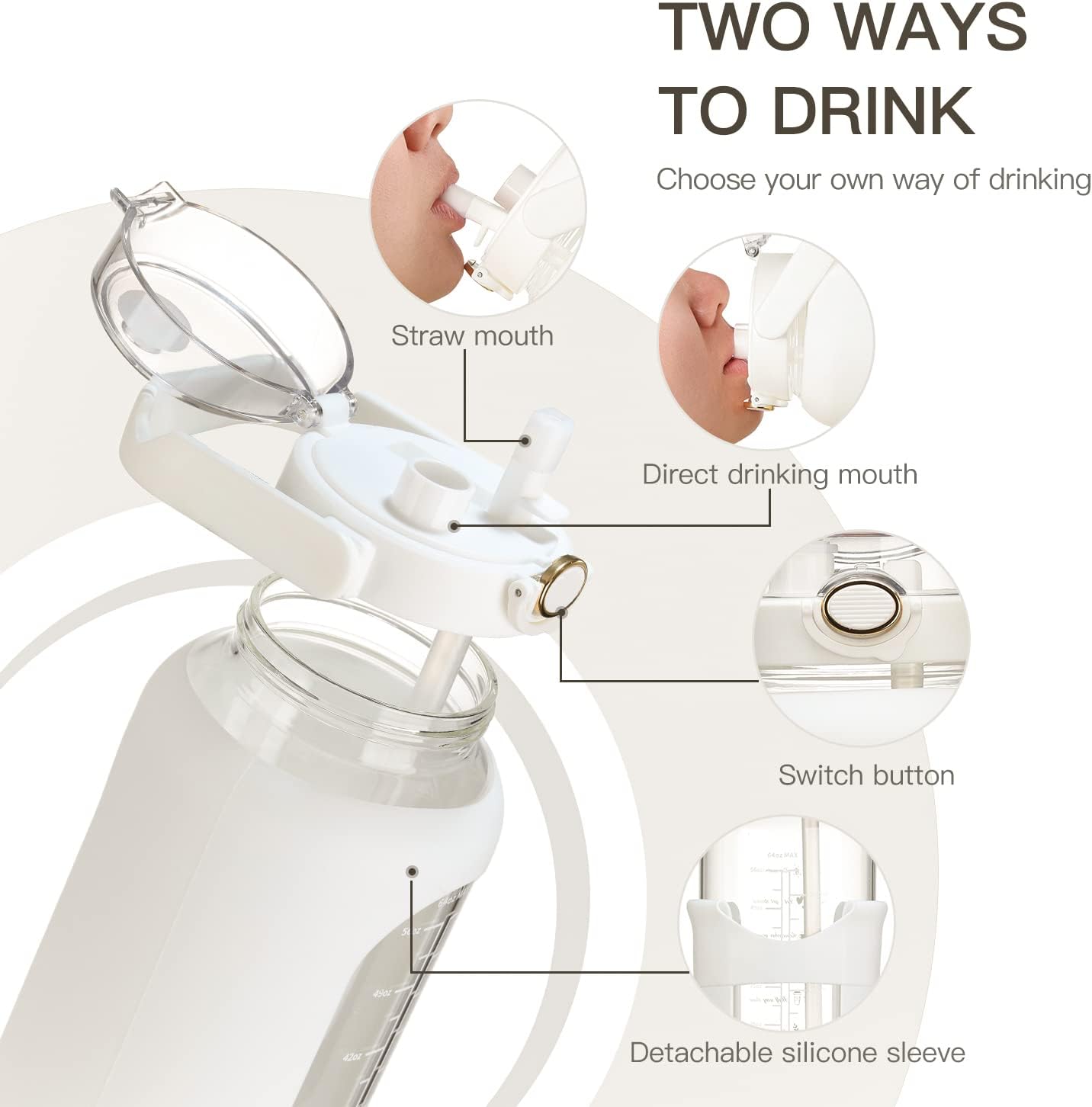 chunmo Pernos de agua de vidrio de 42 oz52 oz64 oz con pajilla, botella de agua motivacional grande de medio galón con marcador de tiempo, botellas