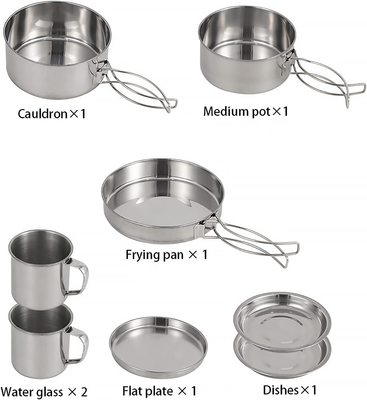 Juego de 8 utensilios de cocina para acampar para 2 personas, de acero inoxidable, compacto, juego de cocina, ligero, para mochilero, para acampar y