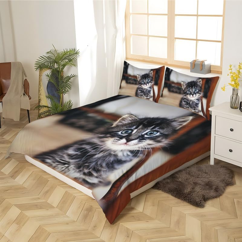 Light Brown Cat Twin Duvet Cover Animal Print Twin Bedding Sets Soft Microfiber Comforter Cover and 2 Pillow Shams 20″X26″, Bed Set Duvet Covers