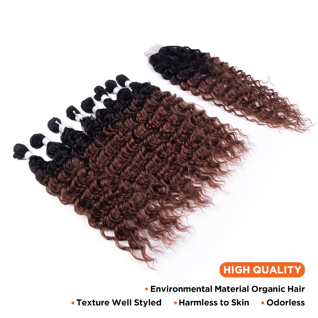 Extensiones de cabello sintético degradado rizado con cierre de dos tonos marrón T1B30, 8 paquetes con cierre de trama de cabello ondulado para
