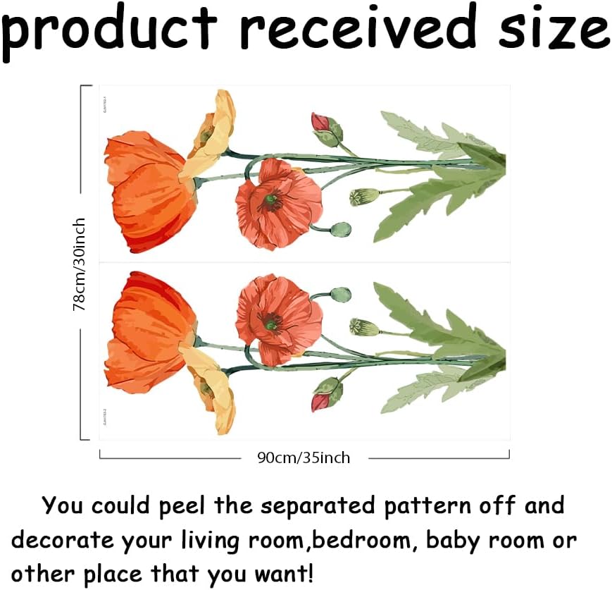 SUPERDANT Pegatinas de pared de flores de amapola, calcomanías de pared florales rojas, cabecero de dormitorio, decoración de pared, arte de