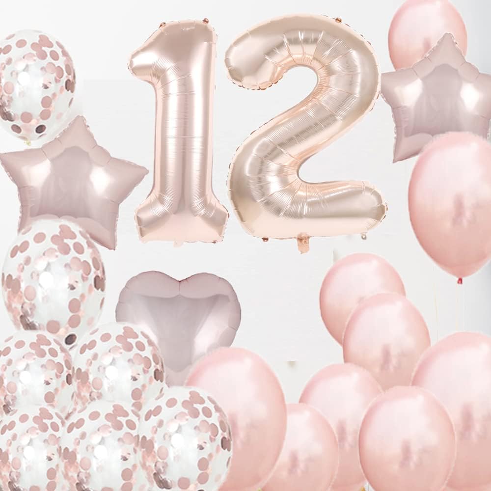 Decoraciones de cumpleaños de 12 años, suministros para fiestas, globos de oro rosa con el número 12, globos de aluminio de Mylar de 12 para