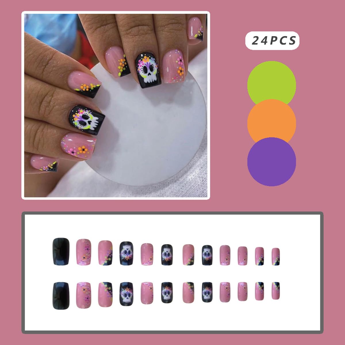 Uñas postizas a presión de Halloween, cuadradas, medianas, color rosa, negro, gótico, calavera, flores, diseños de flores, uñas postizas acrílicas