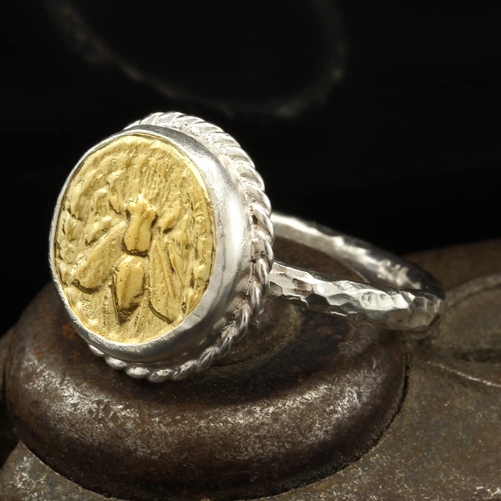 Caprixus 925 Sterling Silver Two Tone Honey Bee 24K Yellow Gold Vermeil Ancient Bumblebee Signet Coin Ring Hammered Rings for Women Designer Fine
