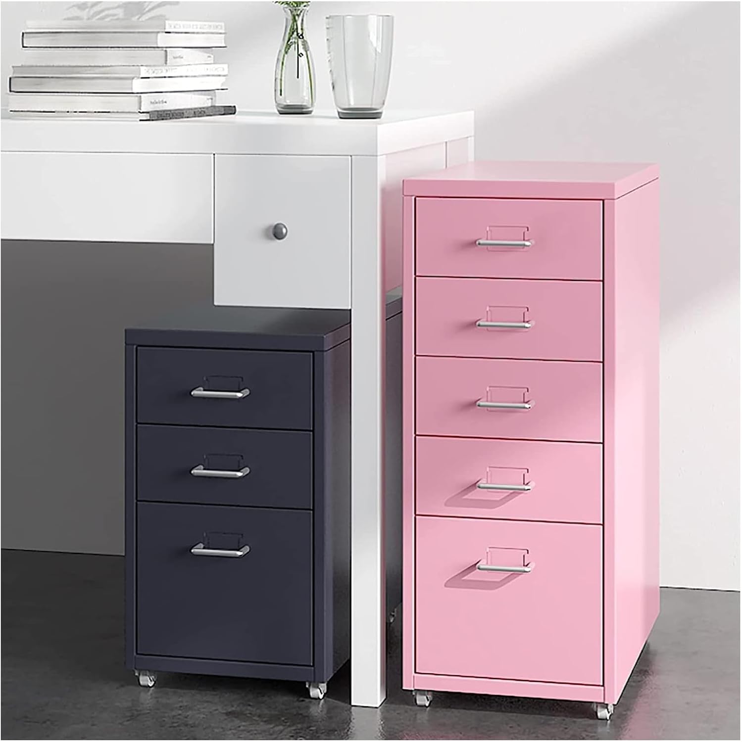 TUBBEK Archivador de metal con ruedas, cajones de 3568, archivador vertical para el hogar y la oficina (color rosa, tamaño 6)