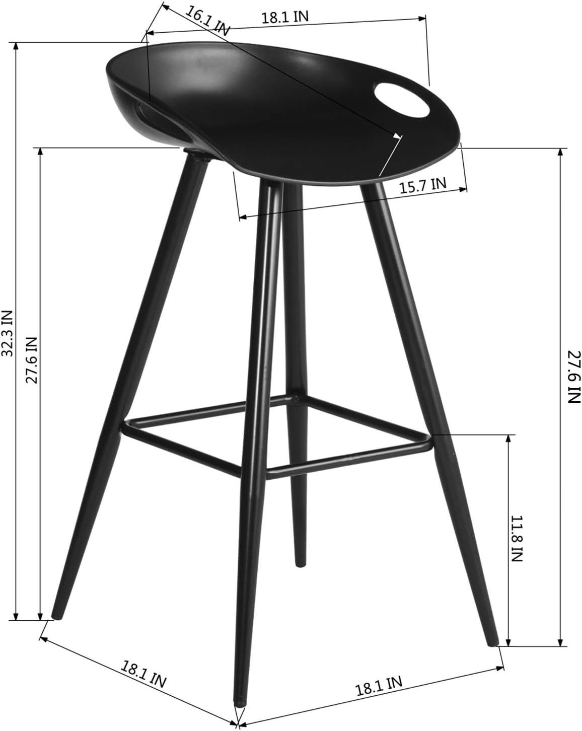 Set of 2 Bar Stools, 32.3-inch Simple Modern Style High Counter Stool with Low Backrest & Footrest & Metal Legs & PP Seat, Portable Barstools for