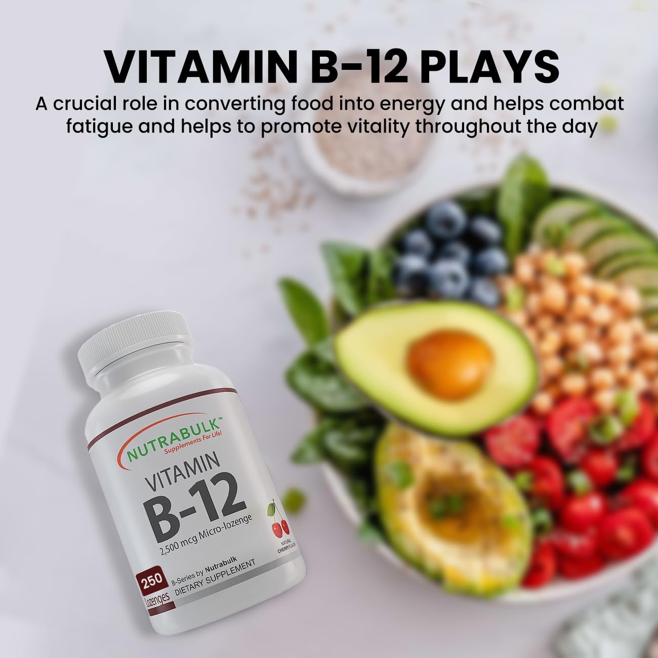 NutraBulk Vitamina B-12 Cápsulas de 2500 mcg Micro-Pastilla  Apoya el bienestar cognitivo y general  Sabor a cereza – Tabletas sublinguales (250