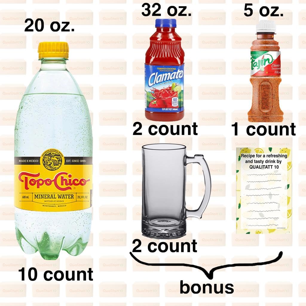 Topo Chico – Botellas de plástico natural de agua mineral de 20 onzas líquidas, 10 unidades, taza de bienvenida de 16 onzas, 2 unidades, Clamato