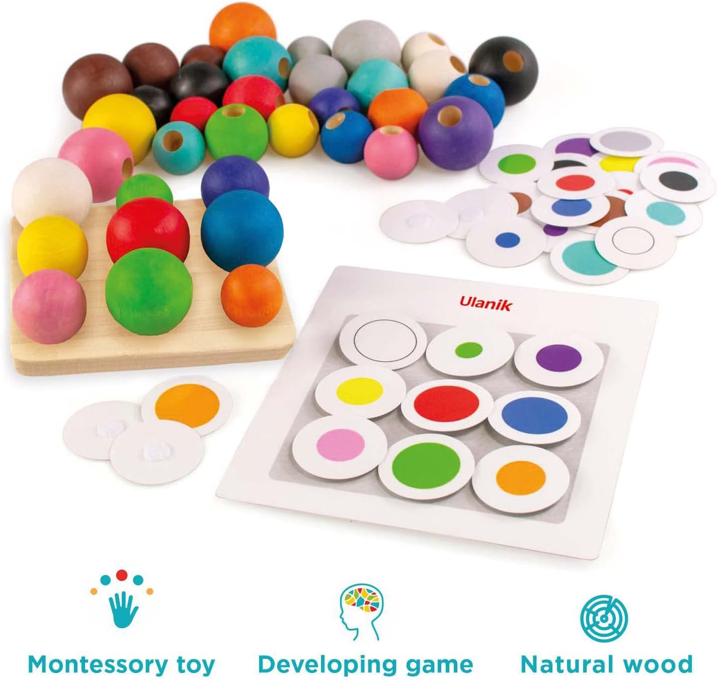 Ulanik Bolas a bordo Montessori Juguetes para niños de 3 años + Juego clasificador de clavijas de madera para aprender clasificación de colores y