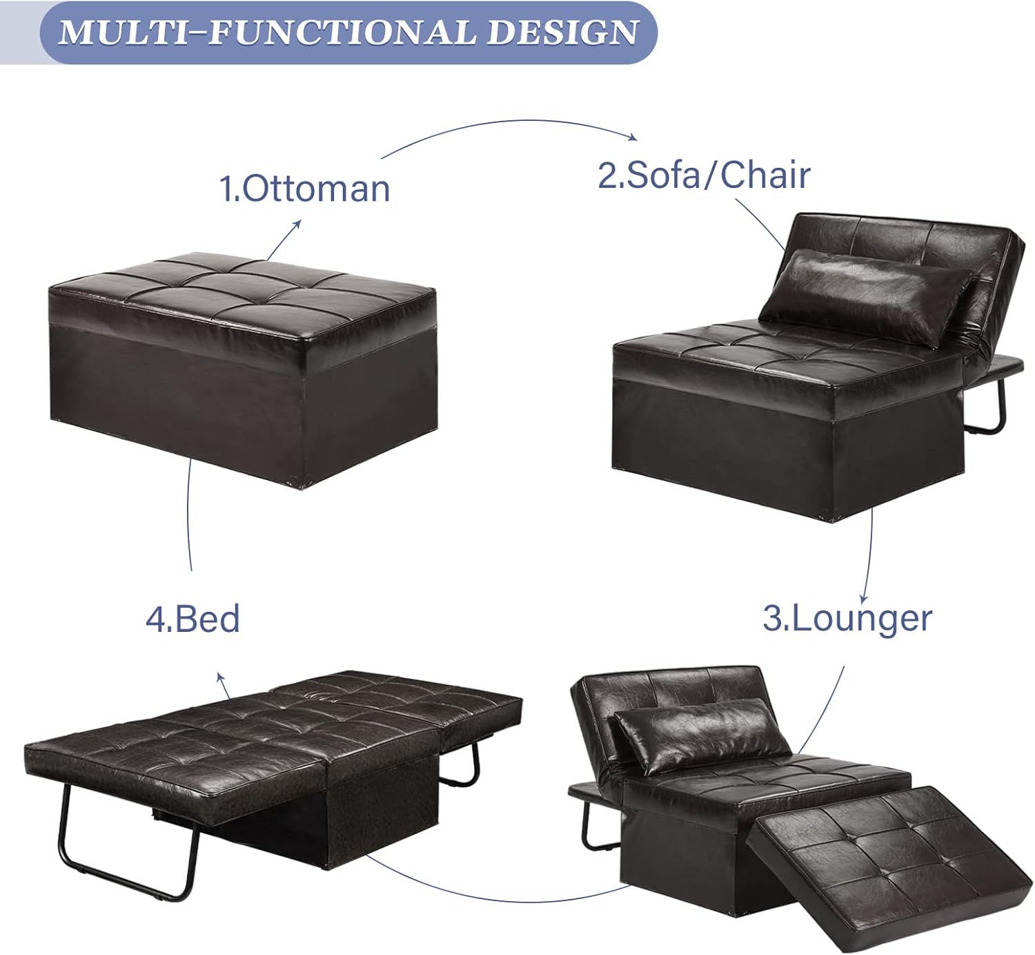 Saemoza – Sofá cama de cuero, cama otomana plegable 4 en 1, silla convertible moderna con respaldo ajustable, elegante sofá cama de piel sintética