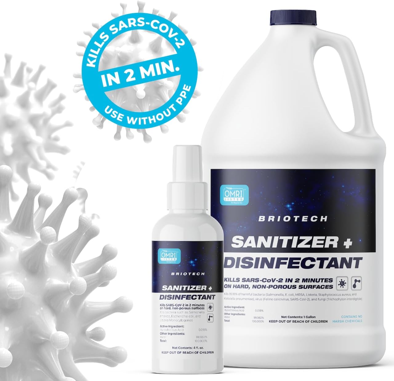 BRIOTECH Desinfectante + desinfectante en aerosol hipocloroso, mata el 99.99% de los virus y bacterias, elimina el olor, lo suficientemente suave