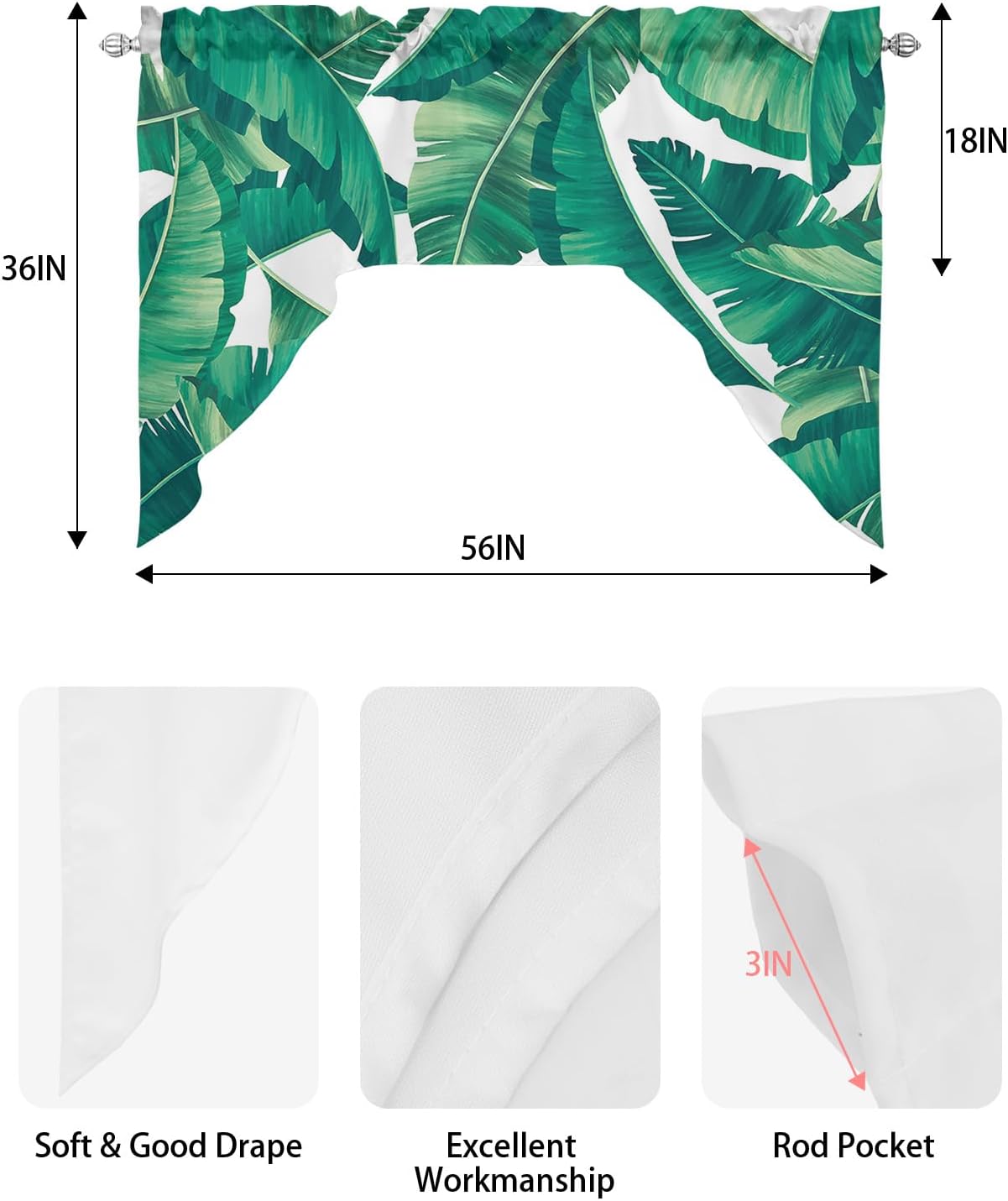 Cortinas cortas con cenefa para cocina, cortina corta con bolsillo para barra, con estampado de hojas tropicales, con aislamiento térmico y