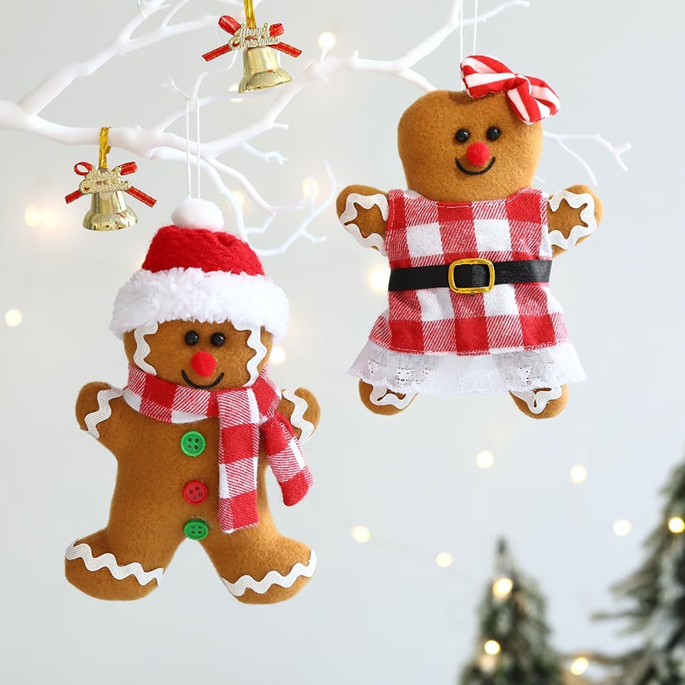 4 adornos de hombre de jengibre de 5.7 pulgadas de alto para árbol de Navidad, figuras surtidas de pan de jengibre rellenas, adornos para colgar en