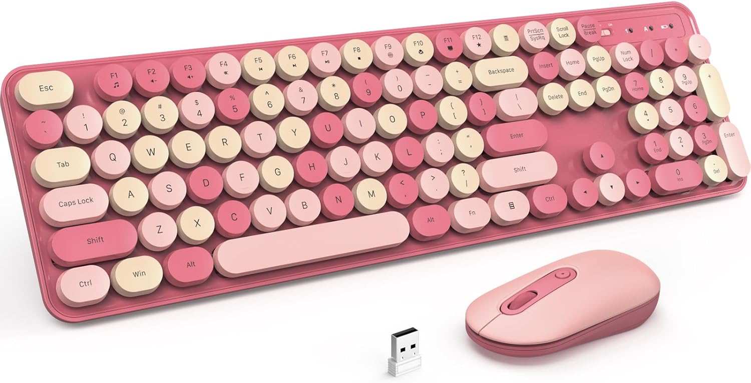 LIZRROT, Teclado y mouse inalámbricos, teclado silencioso, teclado colorido de tamaño completo con teclas redondas, bonito mouse de 2.4 G compatible